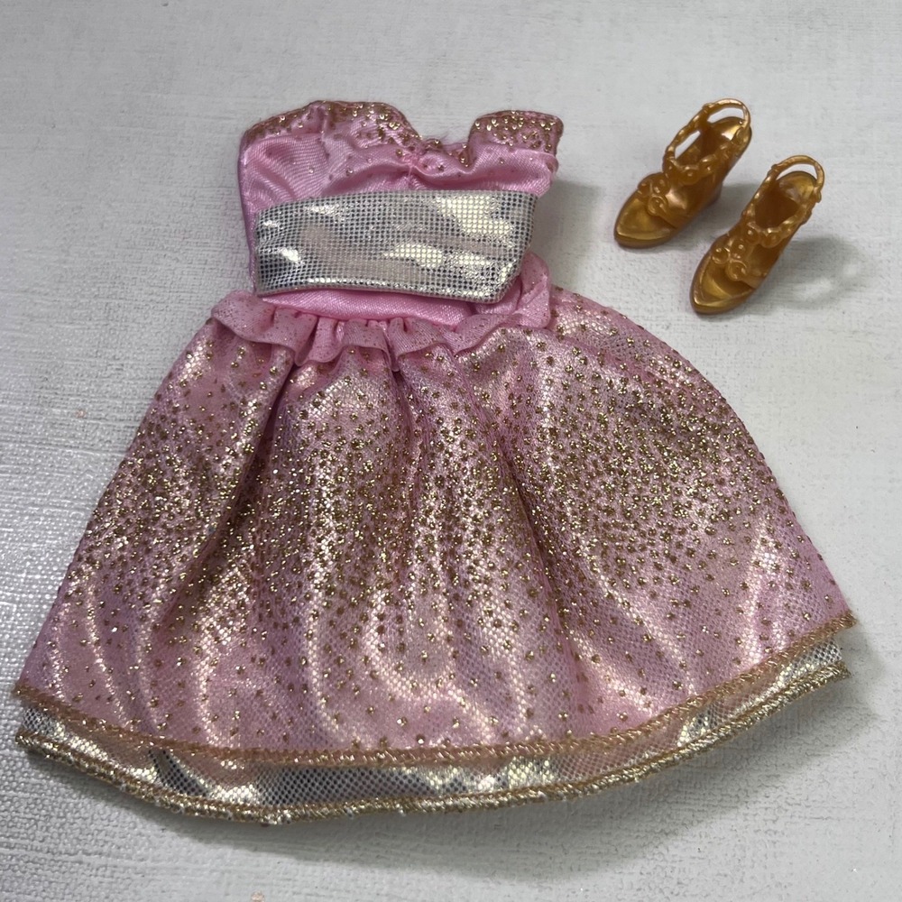 Barbie Pink Glitter Party Dress and Gold Strappy Wedge Shoes Doll Outfit Set